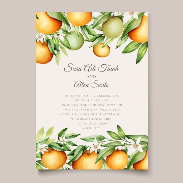 Plantilla de tarjeta de invitación de boda botánica acuarela naranja frutas