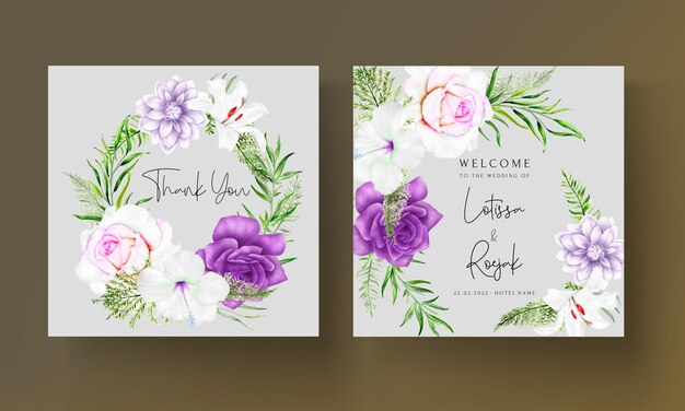 plantilla de tarjeta de invitación de boda de flor morada y hojas