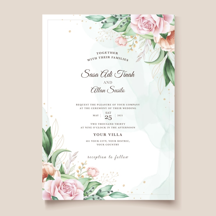 Vector gratuito plantilla de tarjeta de invitación de boda floral dibujado a mano