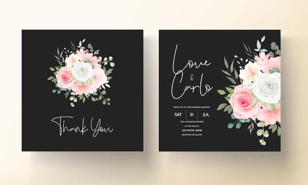 Plantilla de tarjeta de invitación de boda floral hermosa dibujada a mano