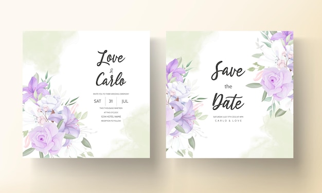 Plantilla de tarjeta de invitación de boda floral púrpura romántica