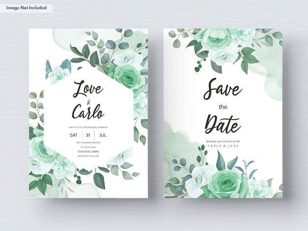 Vector gratuito plantilla de tarjeta de invitación de boda con flores y hojas verdes