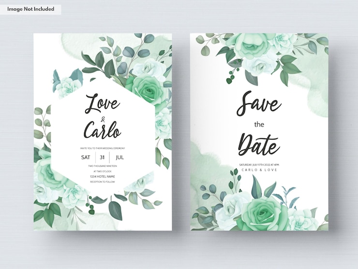 Plantilla de tarjeta de invitación de boda con flores y hojas verdes