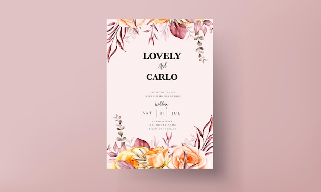 Plantilla de tarjeta de invitación de boda con hermosa flor floral de colores cálidos