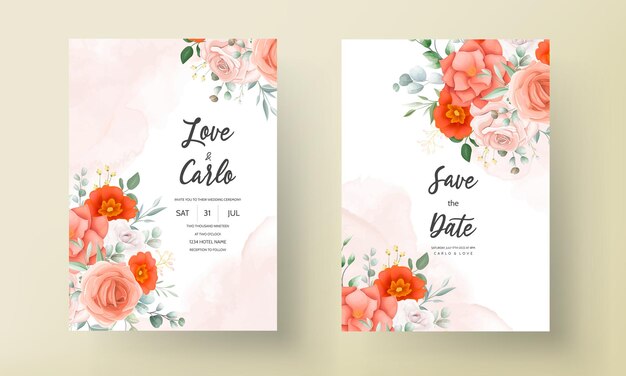 Plantilla de tarjeta de invitación de boda hermosa flor de naranja