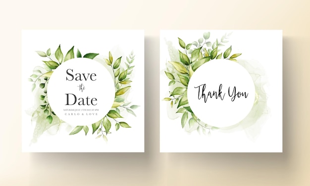 Vector gratuito plantilla de tarjeta de invitación de boda con hermosas hojas verdes en fondo de tinta de alcohol