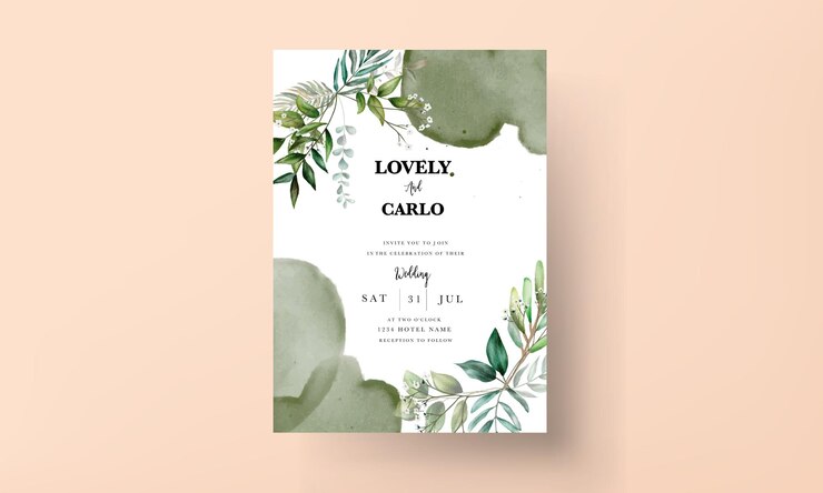Plantilla de tarjeta de invitación de boda de hojas hermosas
