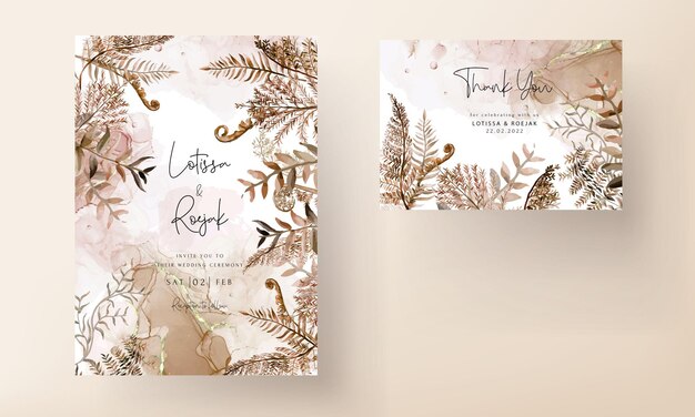 plantilla de tarjeta de invitación de boda con hojas marrones de acuarela