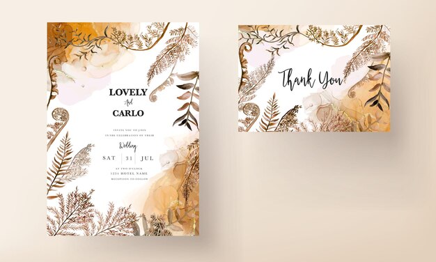 plantilla de tarjeta de invitación de boda con hojas marrones de acuarela