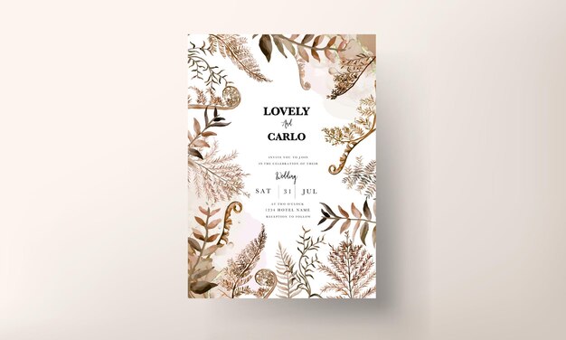 plantilla de tarjeta de invitación de boda con hojas marrones de acuarela