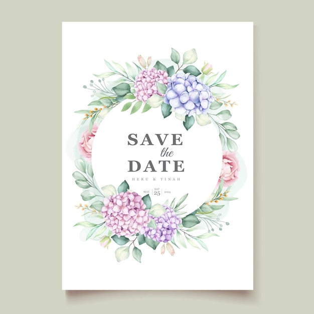 Plantilla de tarjeta de invitación de boda de hortensias acuarela