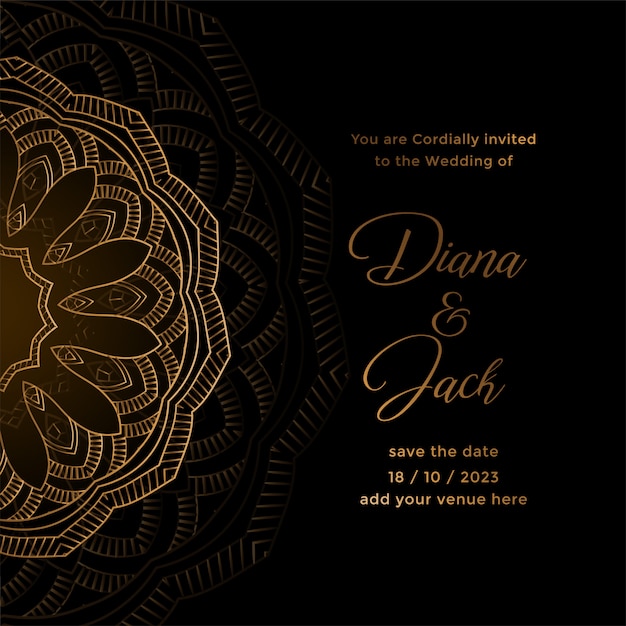 Plantilla de tarjeta de invitación de boda de lujo en el arte de estilo mandala dorado