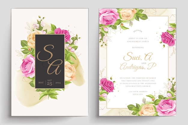 plantilla de tarjeta de invitación de boda de rosas hermosas dibujadas a mano