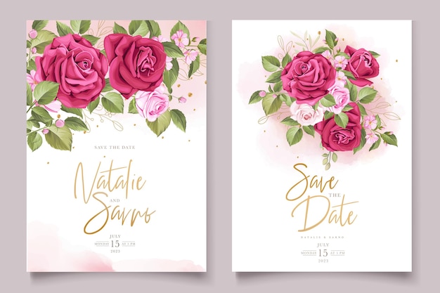 Plantilla de tarjeta de invitación de boda de rosas rojas dibujadas a mano