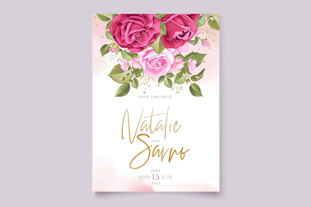 Plantilla de tarjeta de invitación de boda de rosas rojas dibujadas a mano