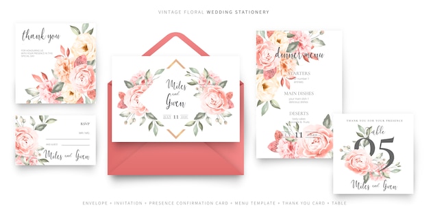 Vector gratuito plantilla de tarjeta de invitación de boda vintage con colección de sobres