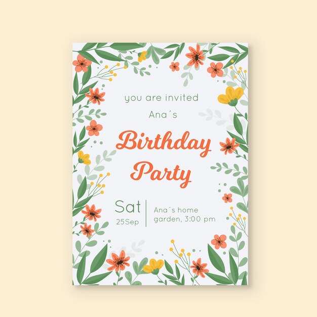 Plantilla de tarjeta de invitación de cumpleaños floral