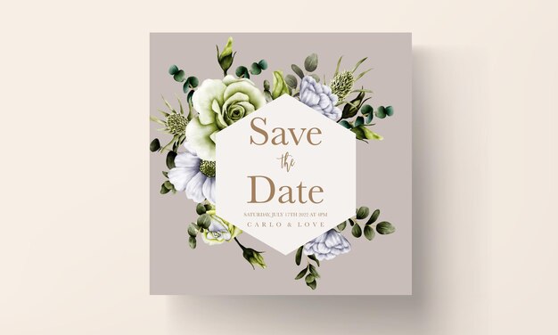 plantilla de tarjeta de invitación de flores verdes frescas y flores blancas
