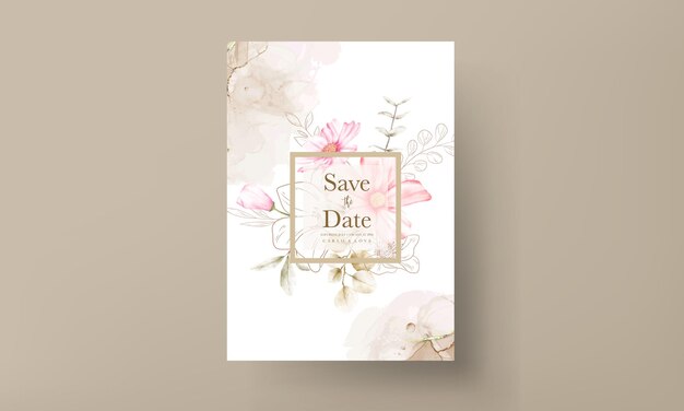 plantilla de tarjeta de invitación con hermosa flor rosa y floral dorado