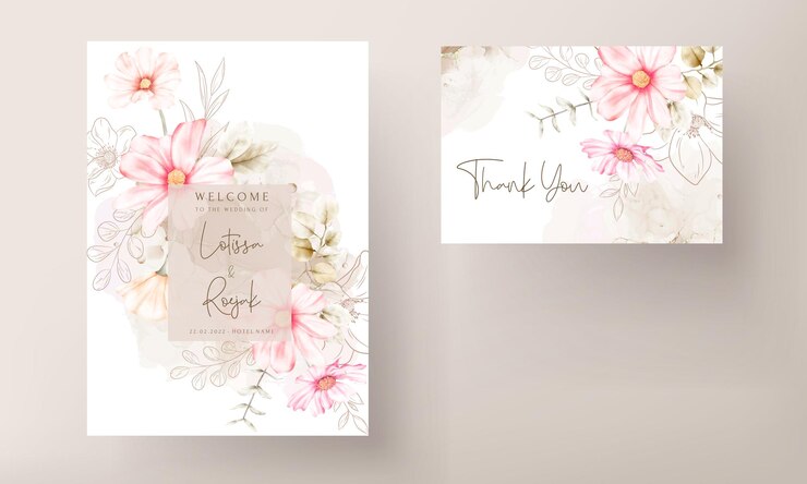 plantilla de tarjeta de invitación con hermosa flor rosa y floral dorado