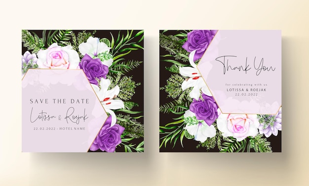 Plantilla de tarjeta de invitación con hermoso floral púrpura