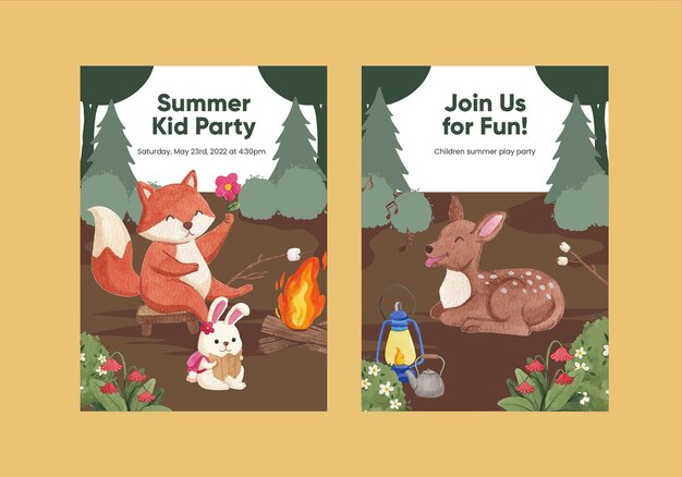 Vector gratuito plantilla de tarjeta invitada con concepto de verano de campamento de animalesestilo acuarela