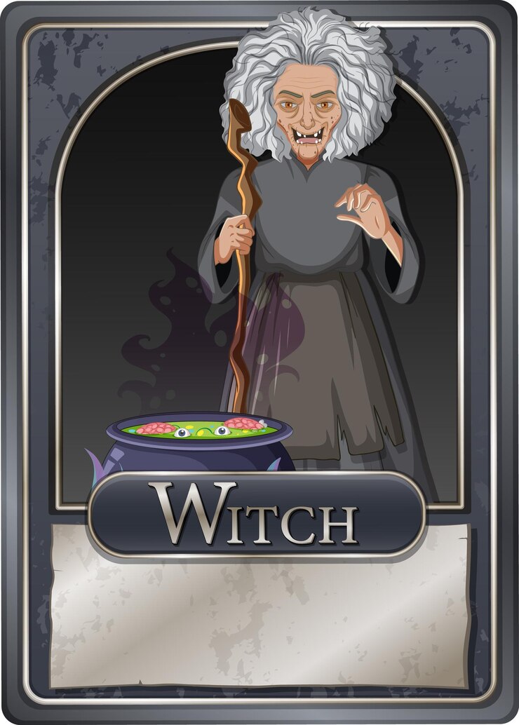 Vector gratuito plantilla de tarjeta de juego de personaje de bruja aterradora