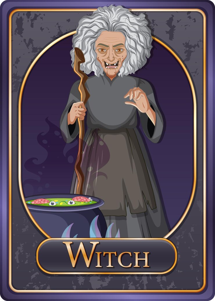 Vector gratuito plantilla de tarjeta de juego de personaje de bruja vieja