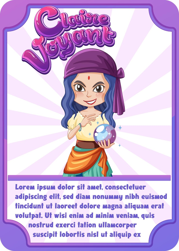 Vector gratuito plantilla de tarjeta de juego de personajes con la palabra claire voyant