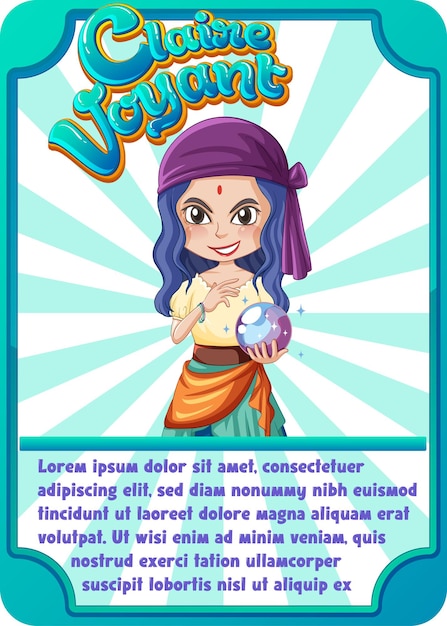 Vector gratuito plantilla de tarjeta de juego de personajes con la palabra claire voyant