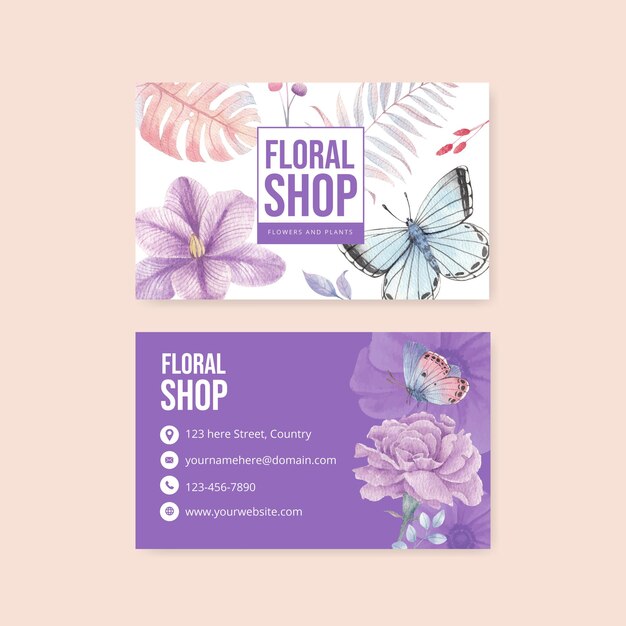 Plantilla de tarjeta de nombre con concepto de flor tropical pastel estilo acuarela