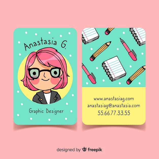 Vector gratuito plantilla de tarjeta de visita dibujada en estilo kawaii