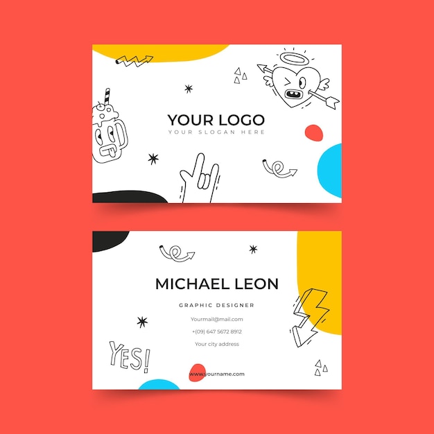 Plantilla de tarjeta de visita de dibujos animados de moda dibujada a mano