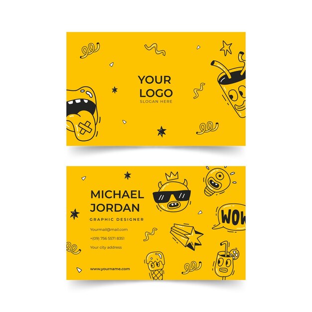 Plantilla de tarjeta de visita de dibujos animados de moda dibujada a mano