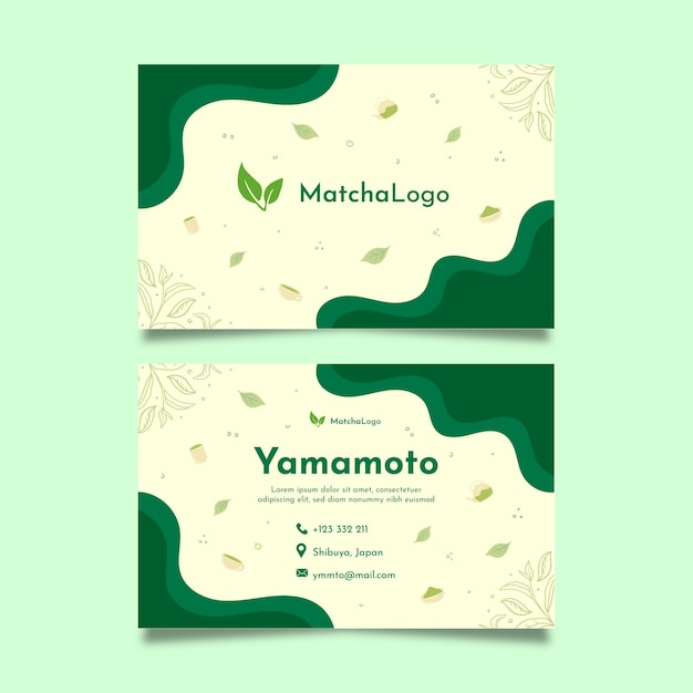 Plantilla de tarjeta de visita horizontal de doble cara de té matcha
