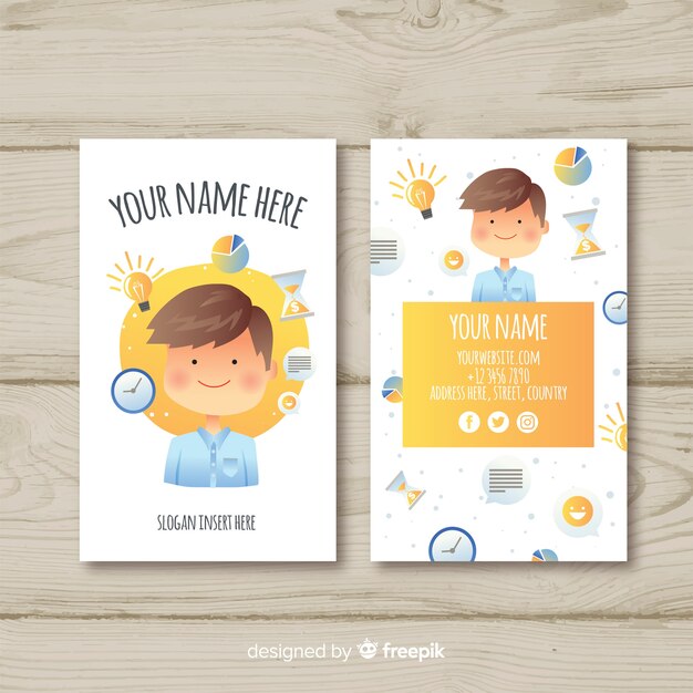 Plantilla de tarjeta de visita con personaje kawaii dibujado a mano