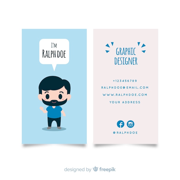 Vector gratuito plantilla de tarjeta de visita con personaje kawaii dibujado a mano