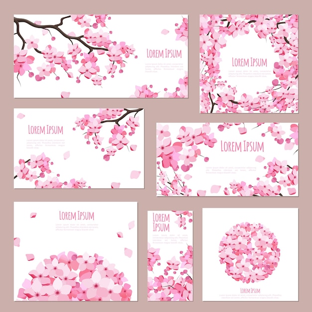 Plantilla de tarjetas de felicitación con flores de sakura florecientes