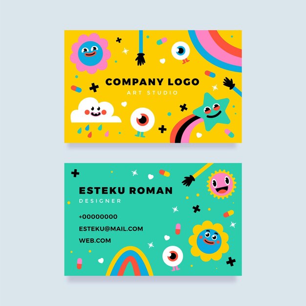 Plantilla de tarjetas de visita de dibujos animados de moda dibujados a mano