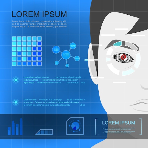 Vector gratuito plantilla de tecnología plana moderna con cara de hombre con ilustración de gráficos y diagramas de gráficos de ojo artificial,