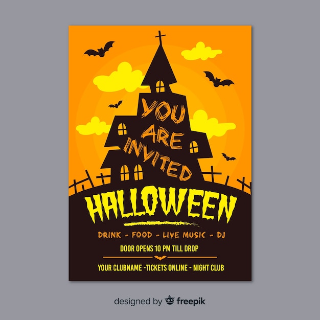 Plantilla terrorífica de póster de fiesta de halloween con diseño plano