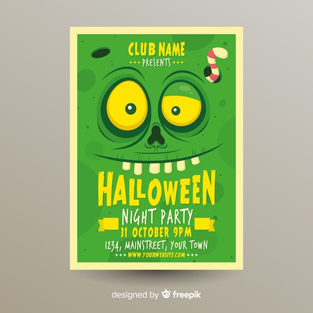 Plantilla terrorífica de póster de fiesta de halloween con diseño plano