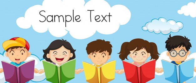 Plantilla de texto de muestra con niños leyendo libros
