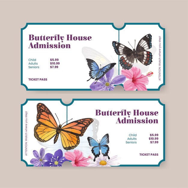 Vector gratuito plantilla de ticket con mariposa morada y azul en estilo acuarela