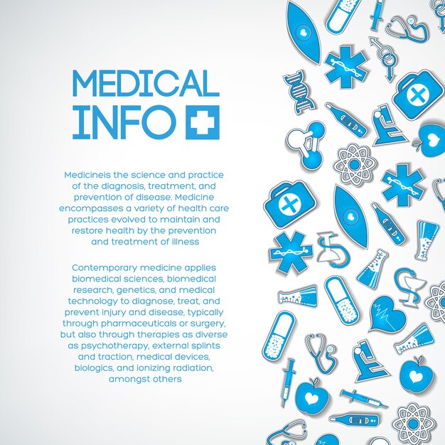 Plantilla de tratamiento médico con texto e iconos de papel azul en la luz