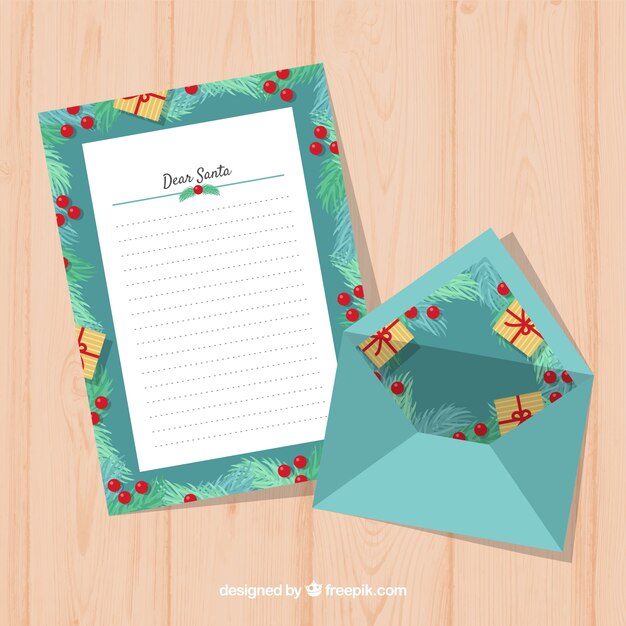 Plantilla turquesa de una carta de navidad y un sobre