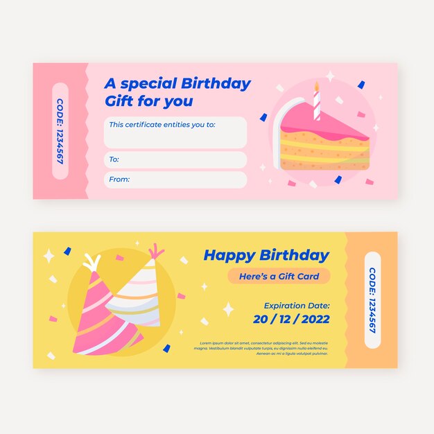 Plantilla de vale de regalo de cumpleaños de diseño plano
