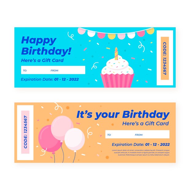Plantilla de vale de regalo de cumpleaños de diseño plano