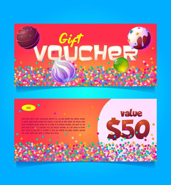 Vector gratuito plantilla de vale de regalo con dulces y valor.