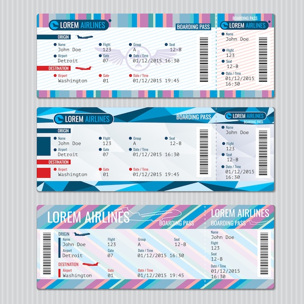 Plantilla de vector de boletos de tarjeta de embarque de aerolínea. pasajero de tarjeta, ilustración de avión de viaje
